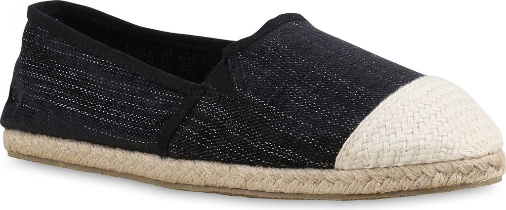 Mytrendshoe Angesagte Damen Glitzer Slipper Espadrilles Bastsohle 816243, Farbe: Schwarz, Größe: 39