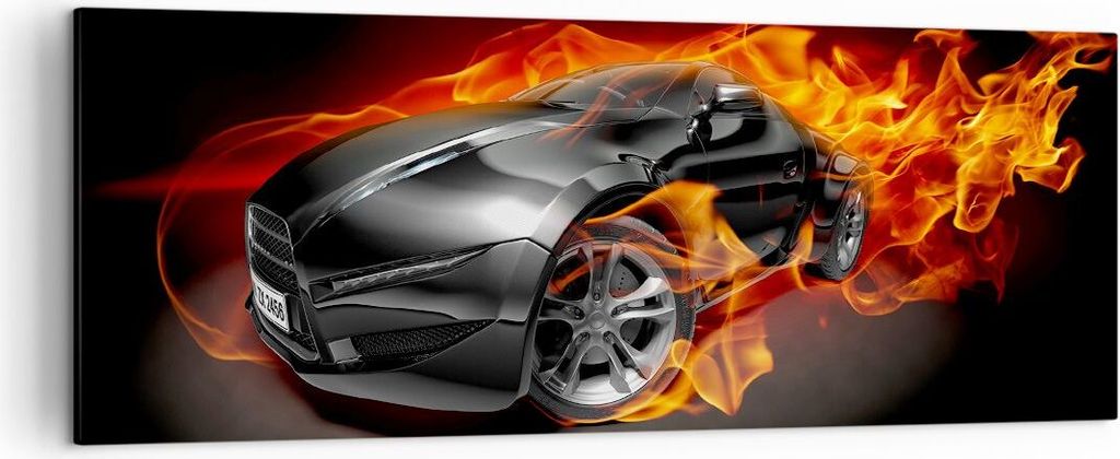 Bild auf Leinwand - Leinwandbild - Sportwagen Feuer Flammen Rauch - 140x50cm - Wand Bild - Wanddeko - Leinwanddruck - Bilder - Kunstdruck - Wanddek...