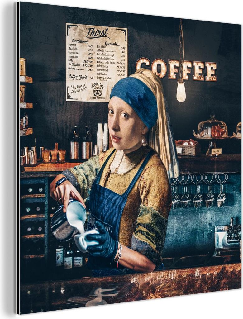 MuchoWow Wanddekoration Metall Metallbild Wandkunst 20x20 cm Kaffee - Mädchen mit Perlenohrring - Barista - Vermeer - Cappuccino - Gemälde MuchoW...