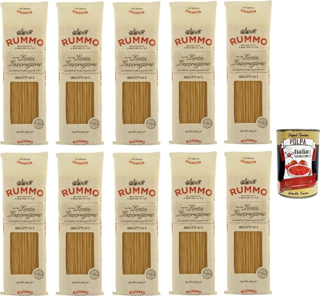 10x Rummo Spaghetti N. 3 Hartweizengrieß Pasta Italienische Nudeln 500g Packung + Italian Gourmet Polpa di Pomodoro 400g Dose
