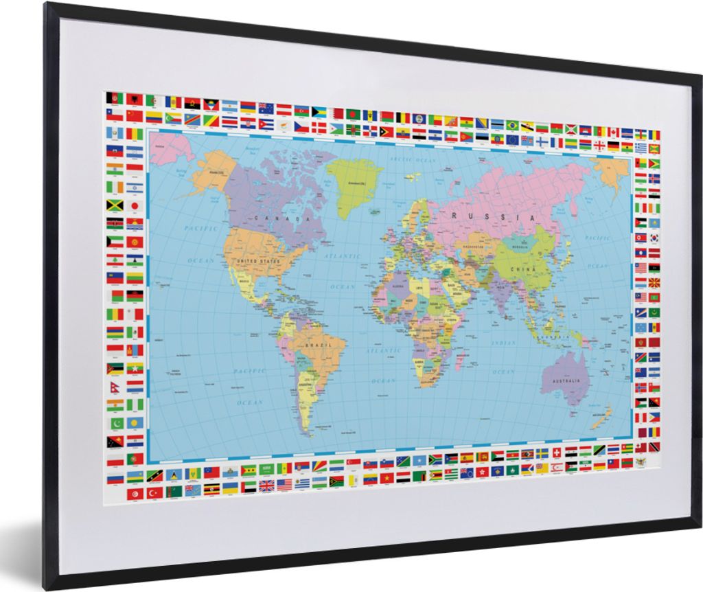 MuchoWow MuchoWow Gerahmtes Poster Welt - Karte - Flagge - Farben 60x40 cm - Poster mit zchwarzem Bilderrahmen - Schlafzimmer - Plakat in Rahme...