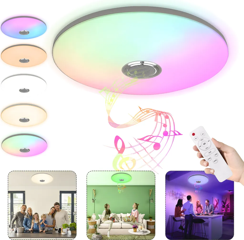 XMTECH Plafonnier LED Dimmable RGB 60L Ø30cm avec Haut-Parleur Bluetooth