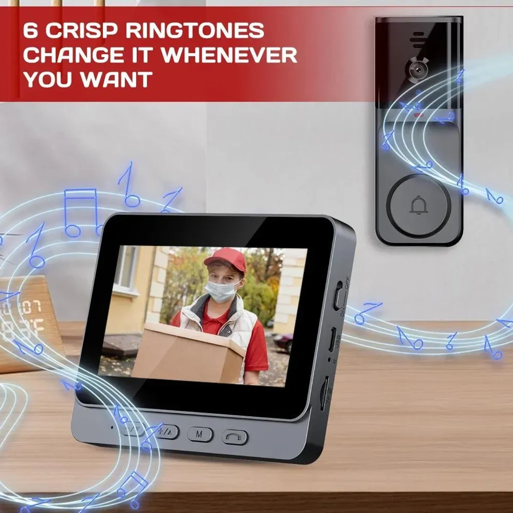 Sonnette vidéo interphone écran IPS 4,3 pouces noir haute résolution