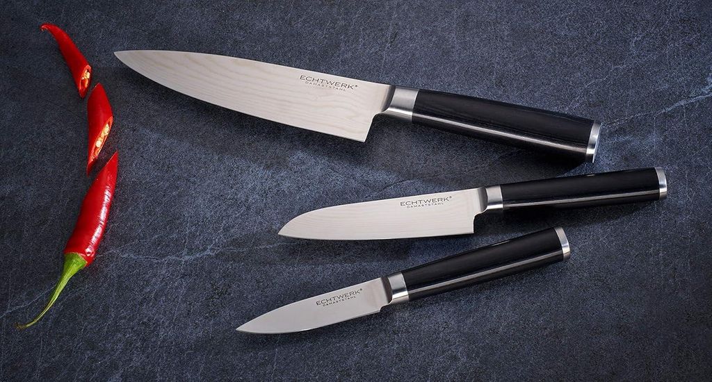 3-teiliges Damascus-Messerset - Kochmesser, Küchenmesser, Schälmesser aus Damaststahl mit ergonomischem Pakka-Holzgriff