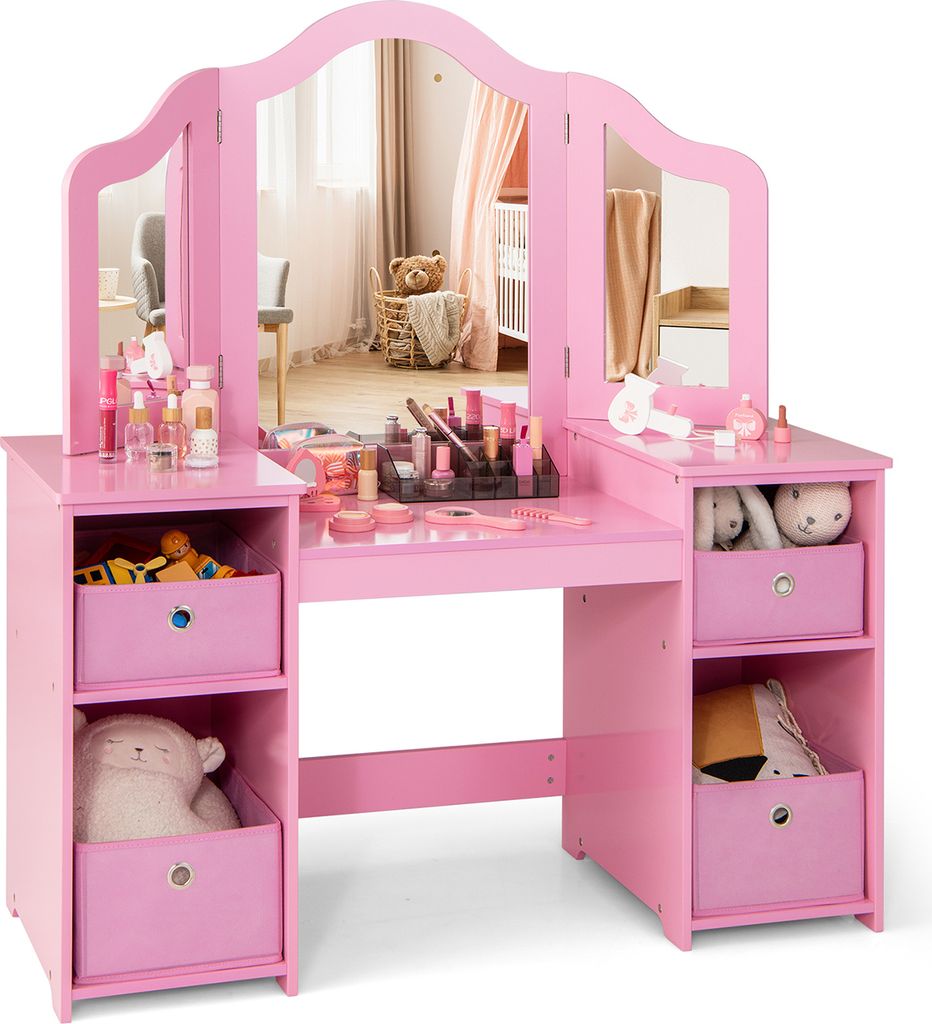 COSTWAY 2 in 1 Kinder Schminktisch mit abnehmbarem Spiegel, Frisiertisch Prinzessin mit offenen Fächern (Mit Box, Rosa)