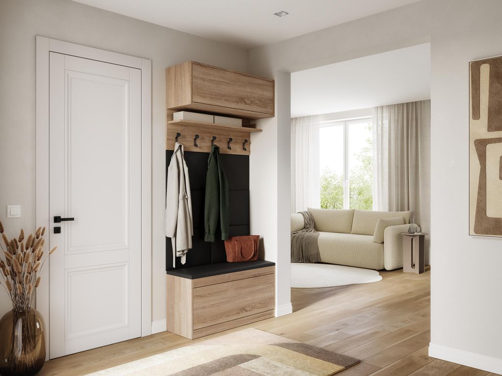 Platan Room Wand-Garderobe Set mit Garderobenpaneel & Schuhschrank & Hängeschrank 100 cm Flurgarderobe Garderobenset Flur Eiche Holz Weiß