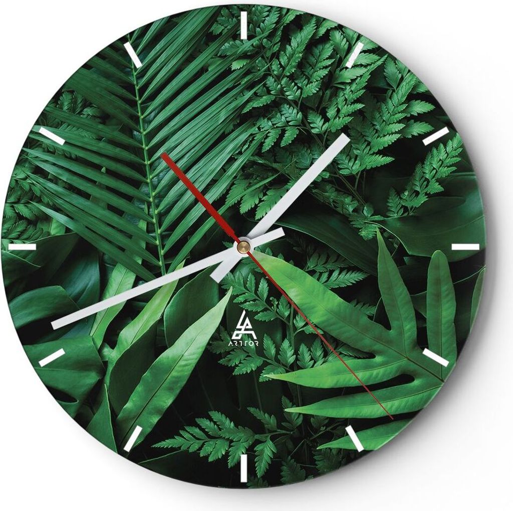 Wanduhr - Rund - Glasuhr - Exotisch Blätter Monstera - 30x30cm - Schleichendes Uhrwerk - Lautlos - zum Aufhängen bereit - Dekoration Modern - Wan...