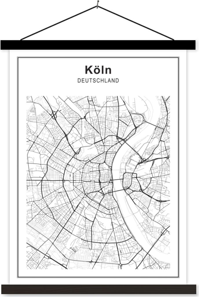 MuchoWow Textilposter Stadtplan - Köln - Schwarz und weiß 40x53 cm mit schwarzem Rahmen - Abbildung