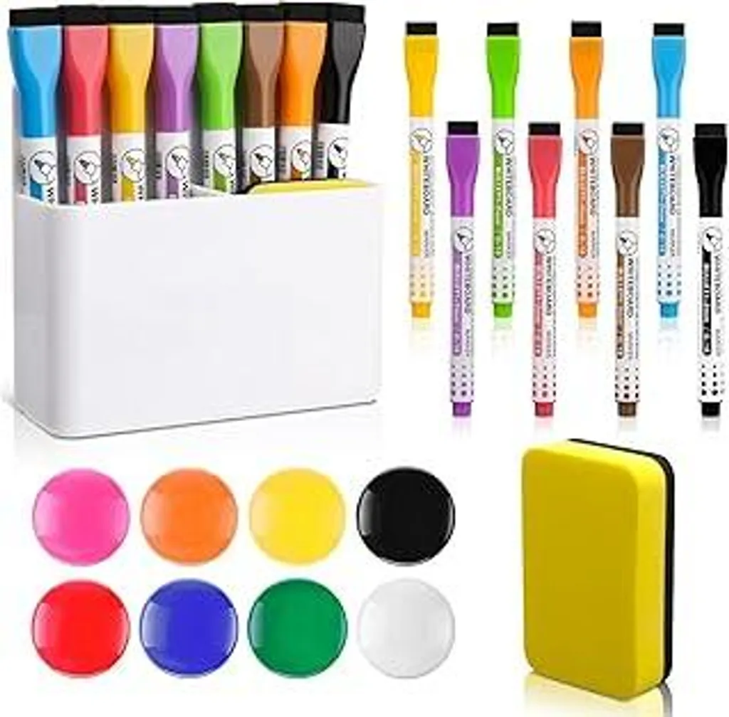 Set di 18 accessori per lavagna bianca, 1x portapenne magnetico, 8 x penne, 8 x magneti, 1x spugna, per scuola, ufficio, frigorifero