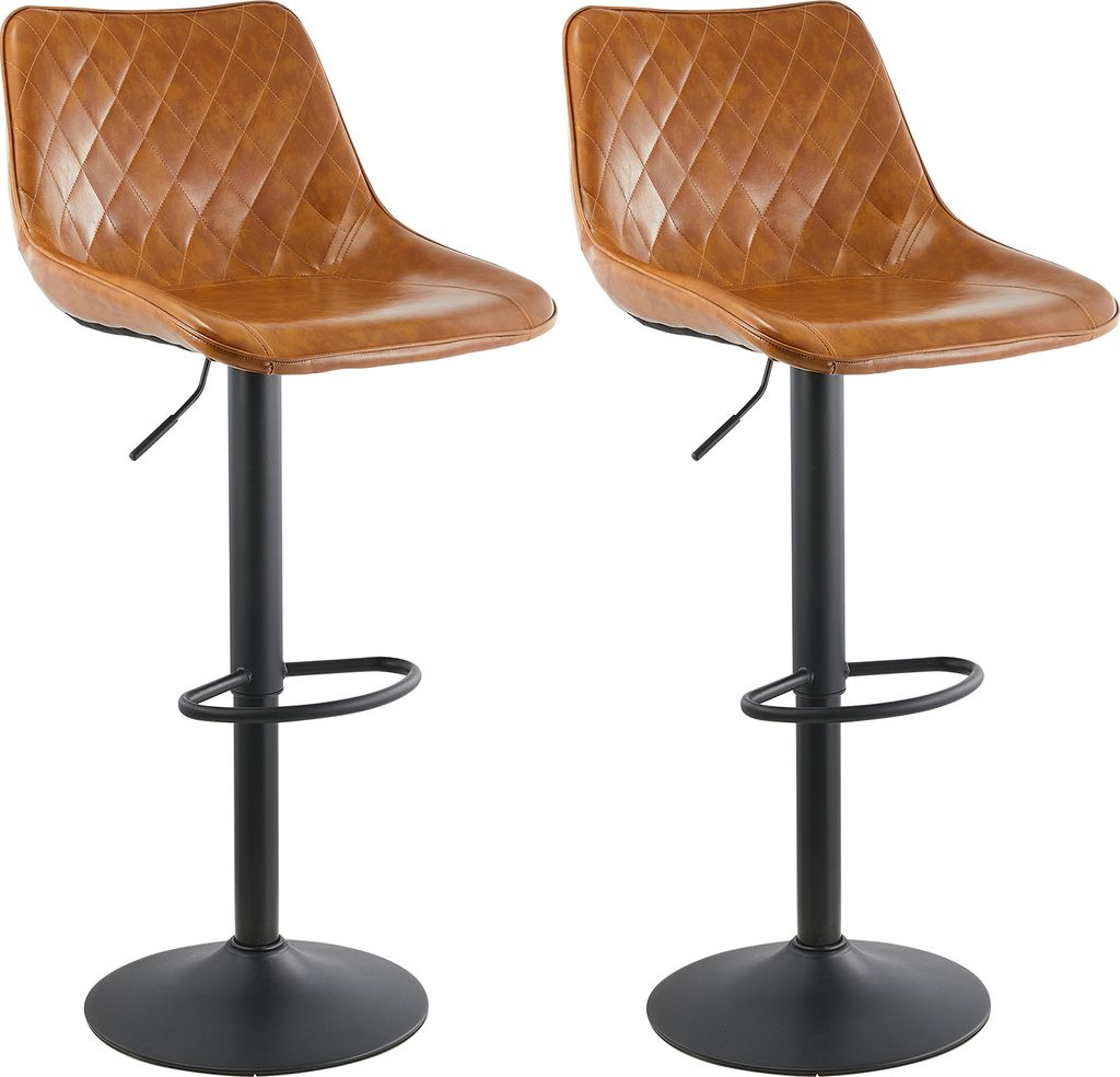 Two brown leather bar stools with black bases are shown against a white background.