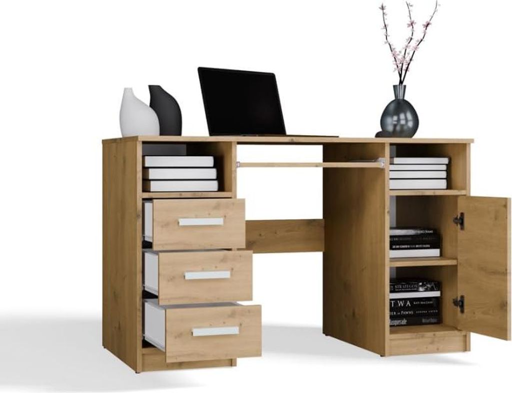 BDW, Schreibtisch mit 3 Schubladen, 120×75×60 cm, 1 Schrank, Delta, Artisan-eiche