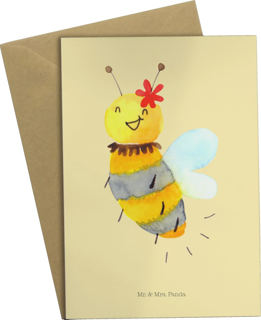 Mr. & Mrs. Panda Grußkarte Biene Blume - Gelb Pastell - Geschenk, osterkarte, babykarte, hochzeitskarten, weihnachtskarten, einladungskarten