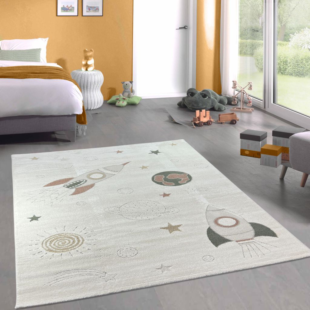 Abenteuerlicher Kinderteppich Raumschiffen Planeten Sterne in creme grau beige Größe - 200 x 290 cm