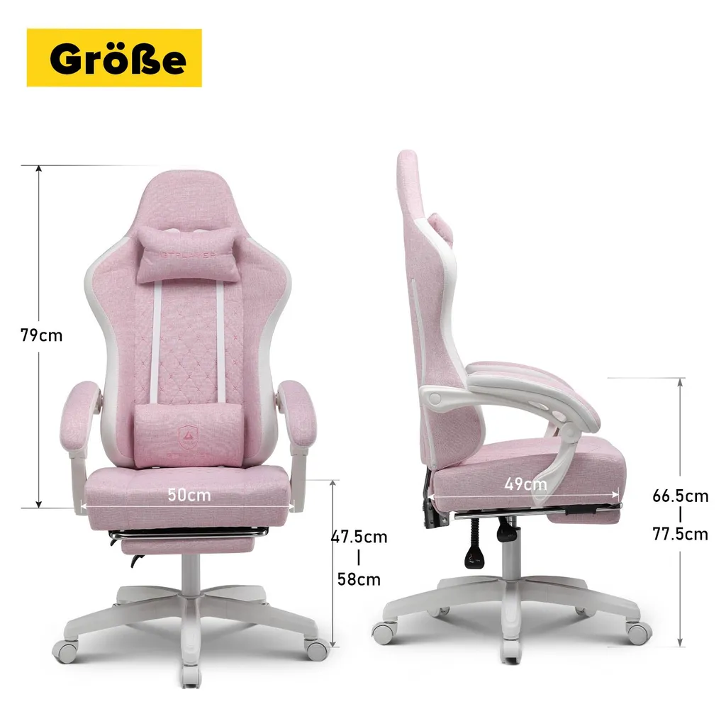 GTPLAYER Chaise Gamer Ergonomique - Fauteuil Racing en Tissu Blanc Rose - 7