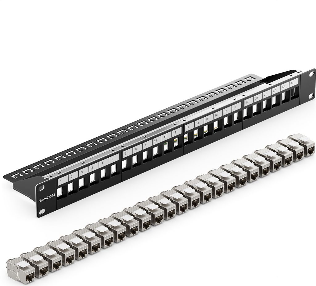 deleyCON 24 Port CAT 8 Patchpanel Set Verteilerfeld Patchfeld 19" Zoll 1HE + 24x RJ45 Keystone Jack Modul CAT8 40 Gbit/s 2000 MHz Kompatibel mit Ve...