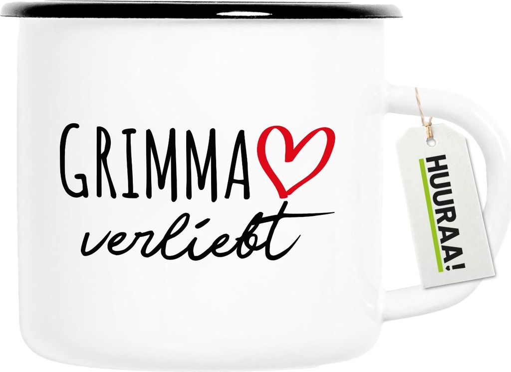 Huuraa Emaille Tasse Grimma verliebt 300ml Vintage Campingbecher Geschenkidee