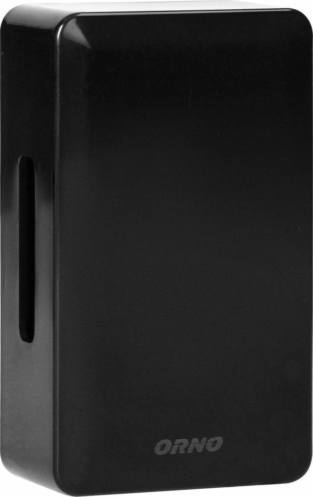 A black electronic doorbell is shown against a white background.