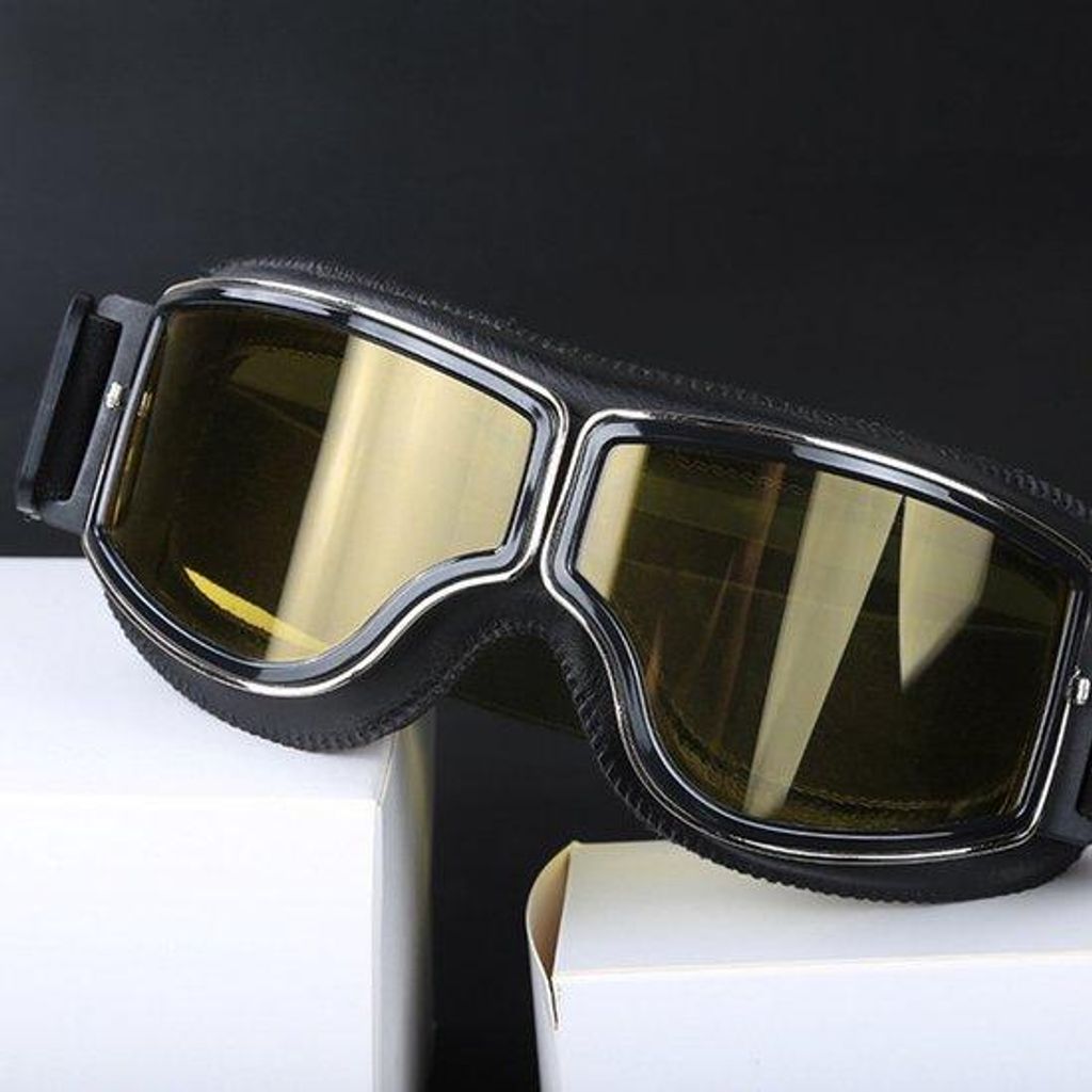 Motorradbrille Vintage Aviator Pilotstil Leder Cruiser Motocross Brille für Erwachsene Schwarz