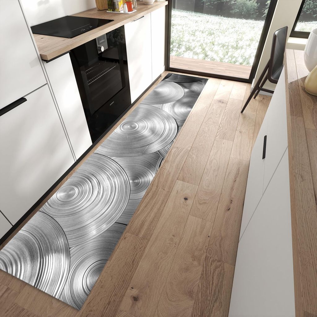 Küchenteppich 60x300cm rutschfest & abwischbar PVC Läufer - Metallische Scheiben