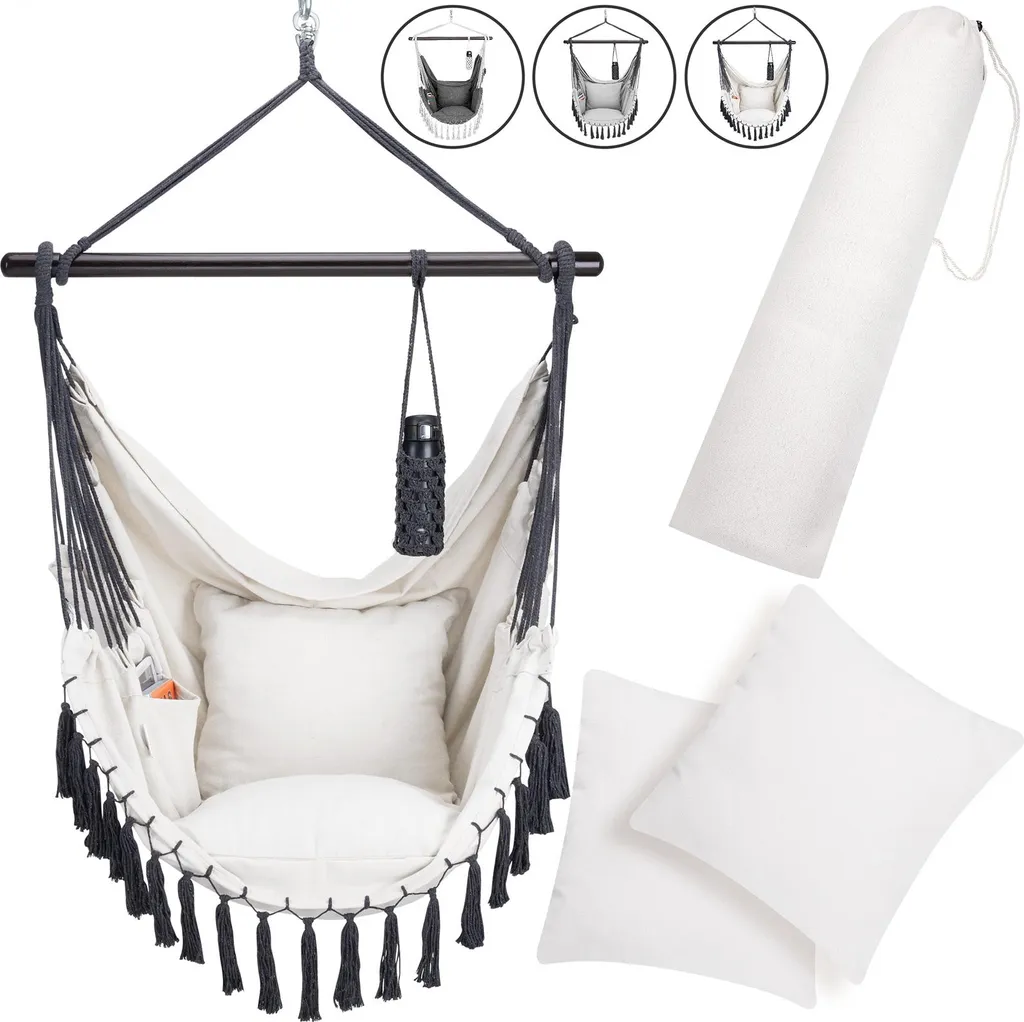 Hamac chaise suspendue 150kg beige en coton XL avec franges et coussins