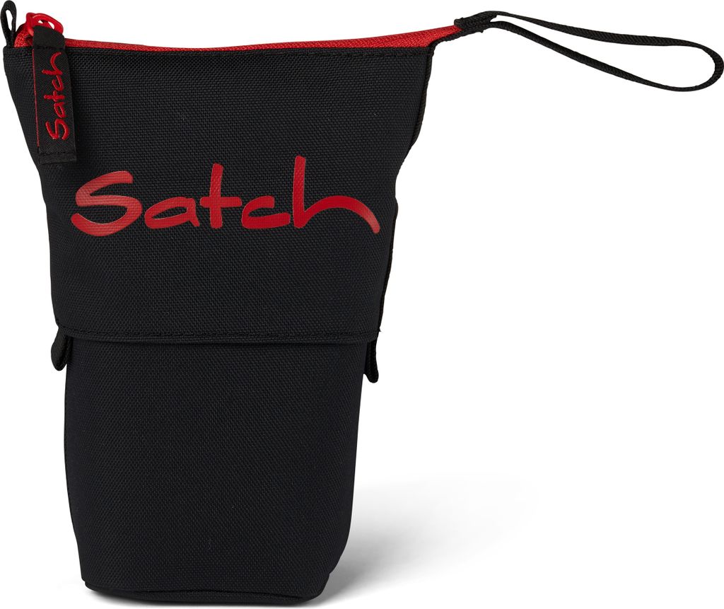 A black pencil case with red accents and branding.