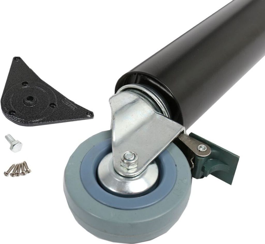 A close-up shot of a black table leg with a caster wheel and brake, along with mounting hardware.