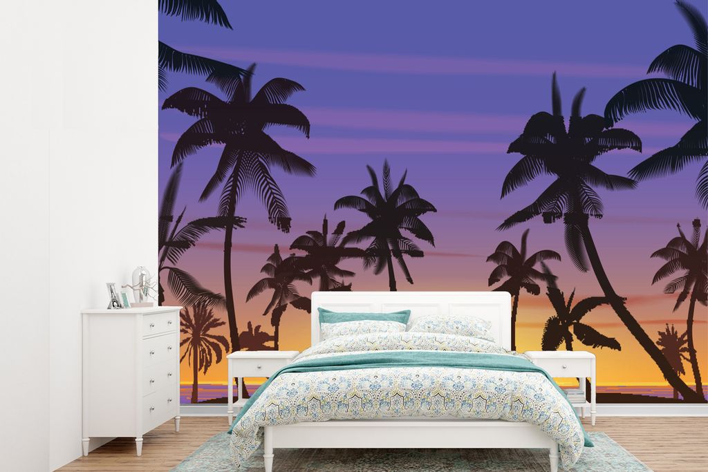 MuchoWow Fototapete für Wohnzimmer oder Schlafzimmer Wandtapete Vinyl Motivtapete Palme - Sonne - Meer - 415x300 cm - Küche