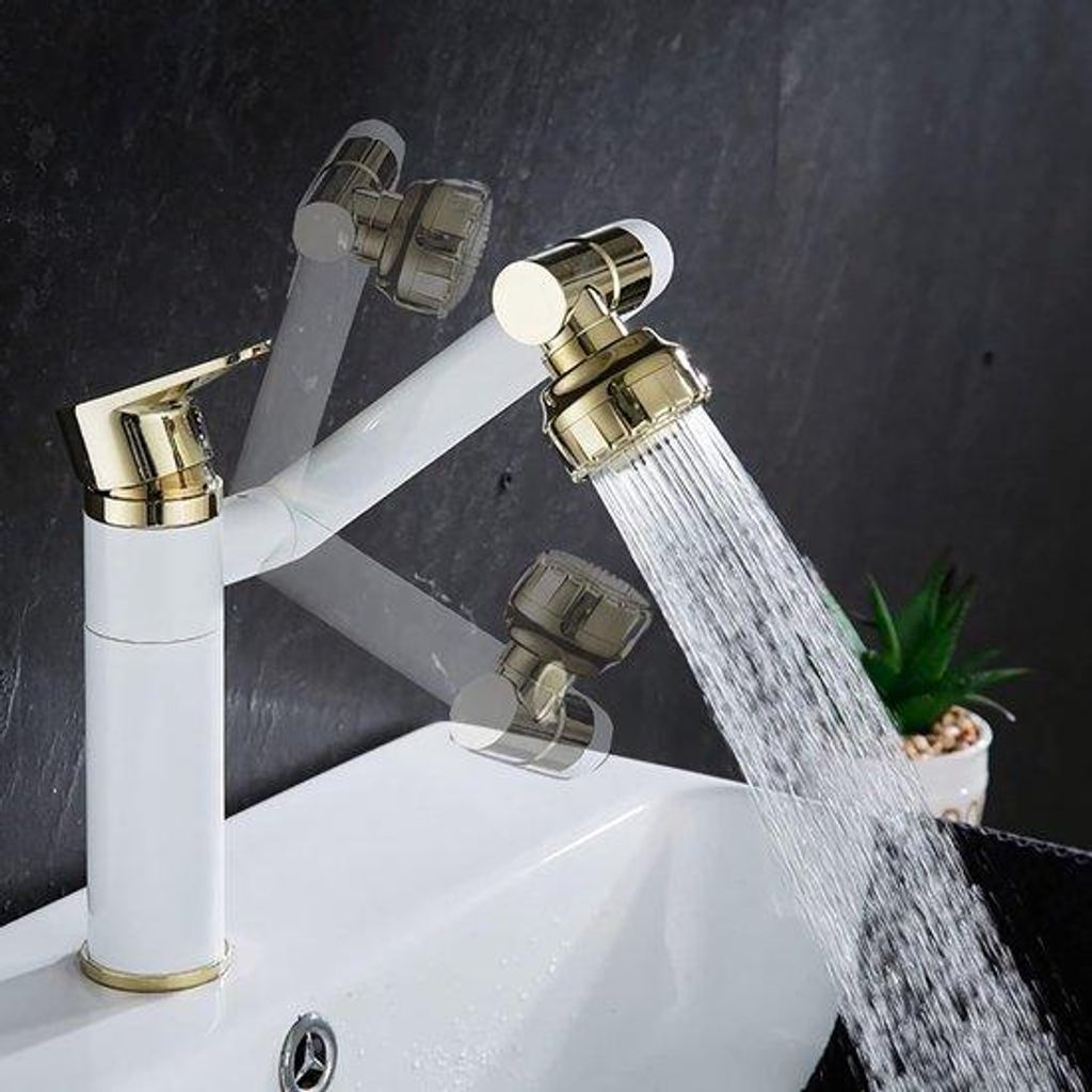 Drehbarer Waschtischhahn aus Messing, rotierbar mit Dusche, Kalt- und Heißwasser