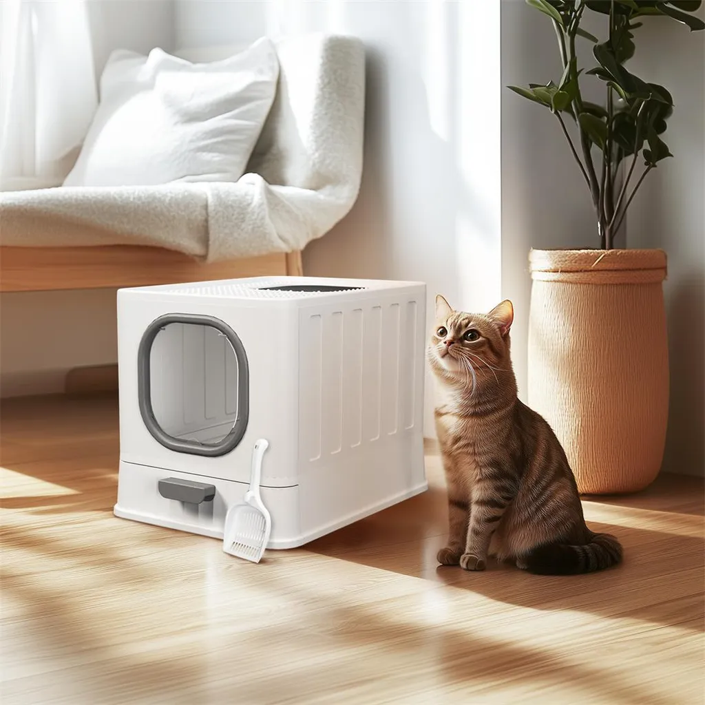 Litière pour chat blanc et gris M, solution idéale pour appartement