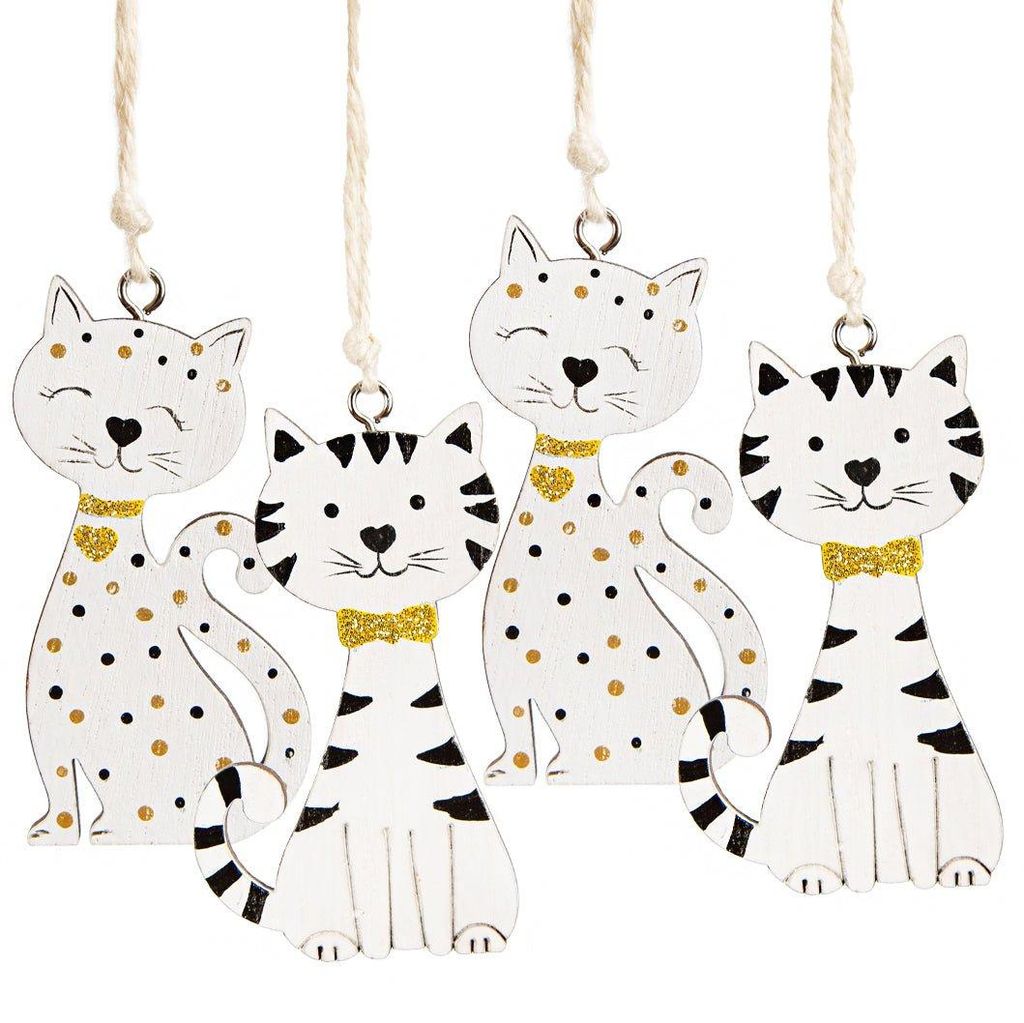 4 Katzen Deko Holzanhänger Weihnachten Gold weiß 7,5 cm Produktbild 