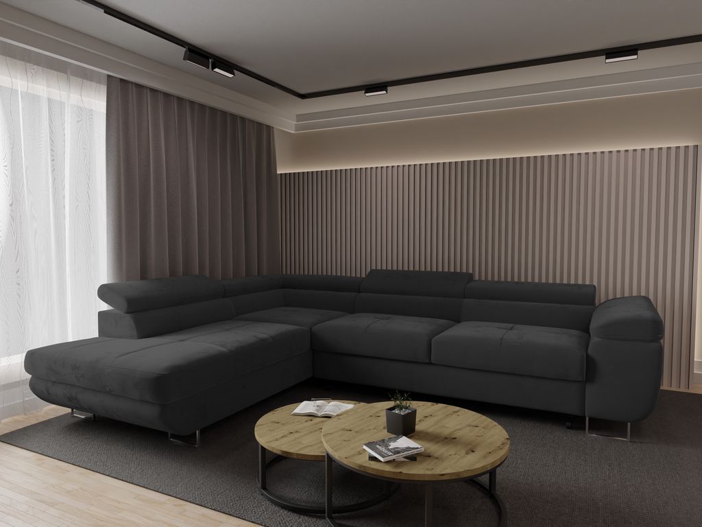 4ALLHOME Ecksofa Luna mit Schlaffunktion, Couch, Sofa mit Bettkasten, Eckcouch, L-Form Seite: Links, Monolith 95 Dunkelgrau