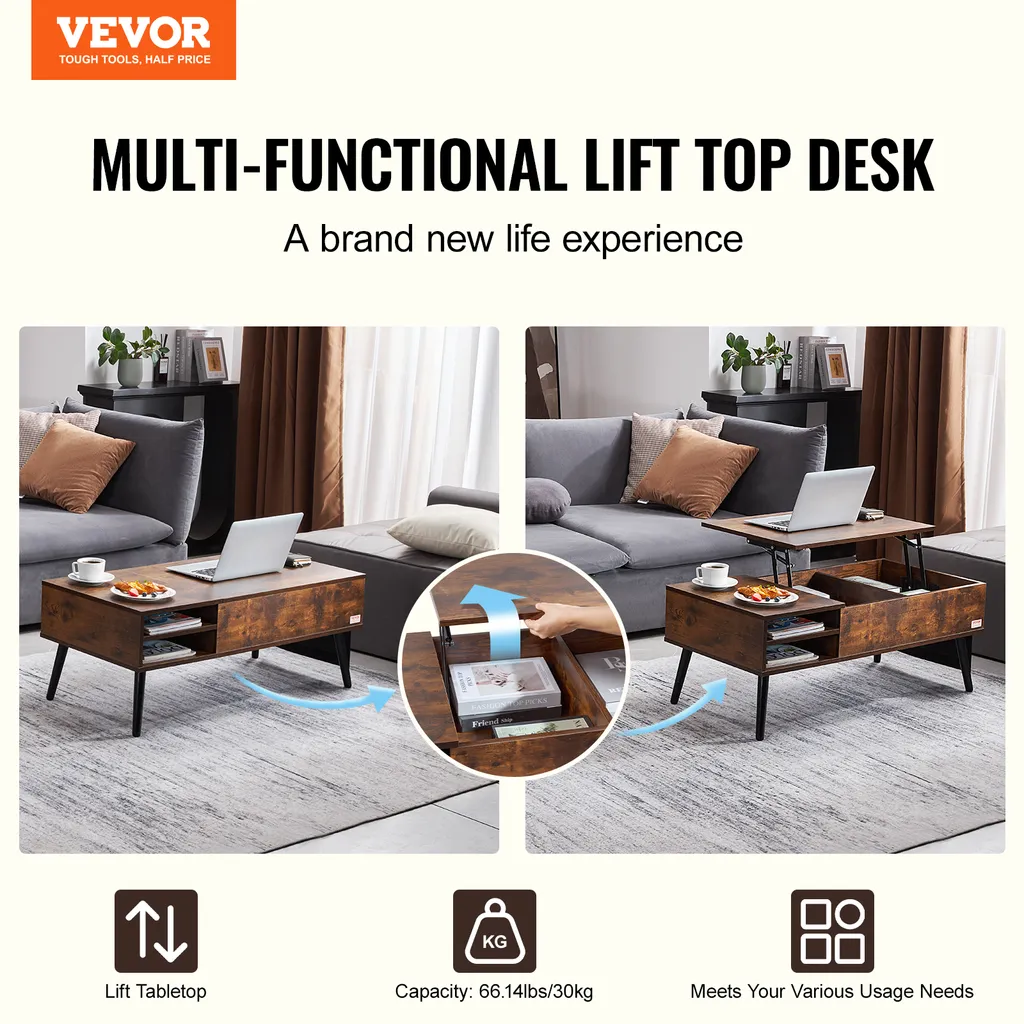Table Basse Plateau Relevable Gain de Place Marron avec Rangement VEVOR - 2
