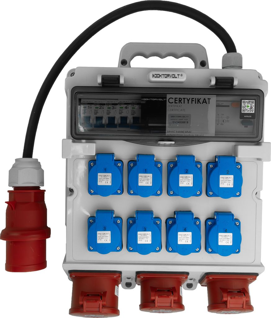 A portable electrical distribution box with multiple outlets and circuit breakers.