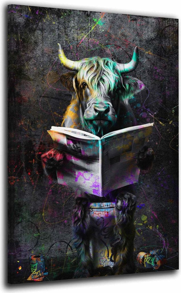 Pop Art Stier mit Zeitung Leinwandbild Wandbild Dekoration Kunst XL: 40x60x2cm