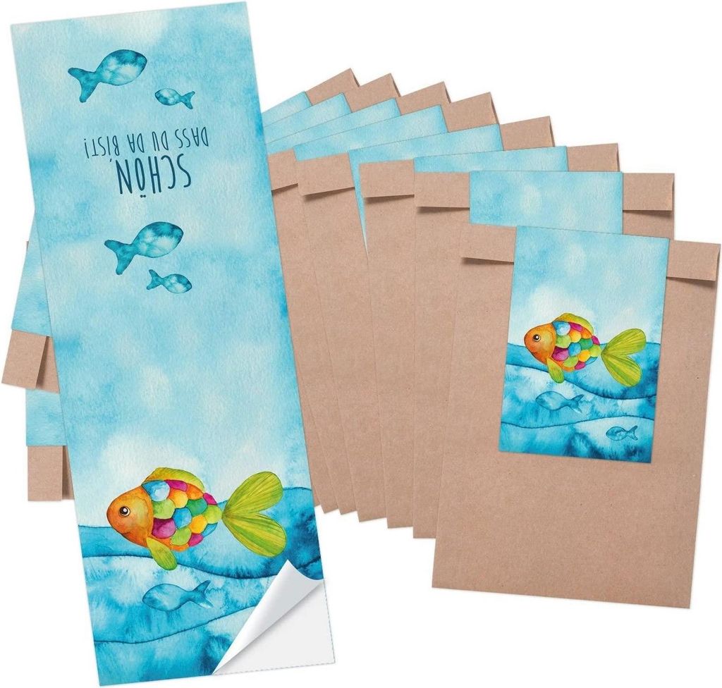 10 kleine braune Papiertüten Geschenktüten Geschenk-Verpackung (8,5 x 13 cm) und 10 lange Aufkleber 5 x 14,8 cm SCHÖN DASS DU DA BIST Tafel-Opti...