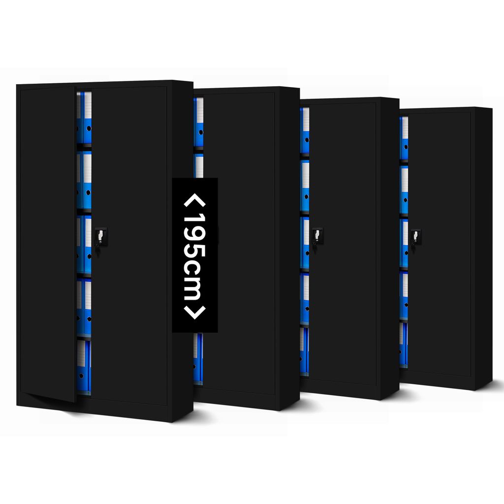 Four black metal filing cabinets are shown lined up, with the doors slightly ajar revealing blue file folders inside.