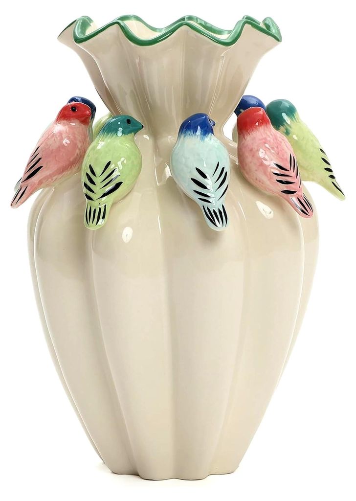 Keramikvase mit bunten Vogelmotiven, 38,8 cm hoch – Vasen im modernen Landhausstil
