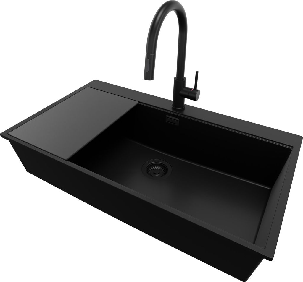 PRIMAGRAN Granitspüle Alles Schwarz 88x50cm, Spülbecken 1 Becken + Küchenarmatur 40x20cm + Ablauf-Set + Schneidebrett, Küchenspüle ab 90er Unt...
