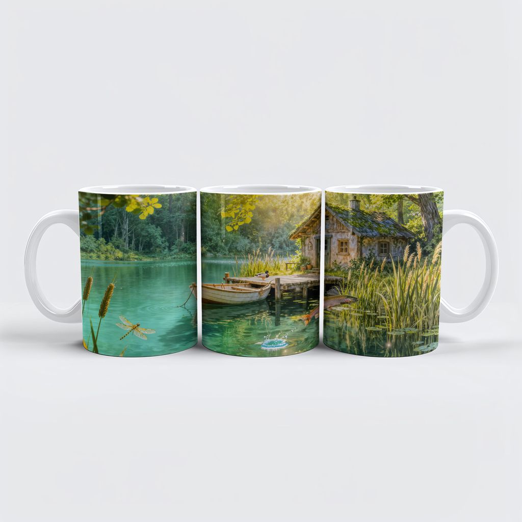raxxa Premium-Tasse "Forest Stream Cottage with Ducks, piere and Dock Artwork"