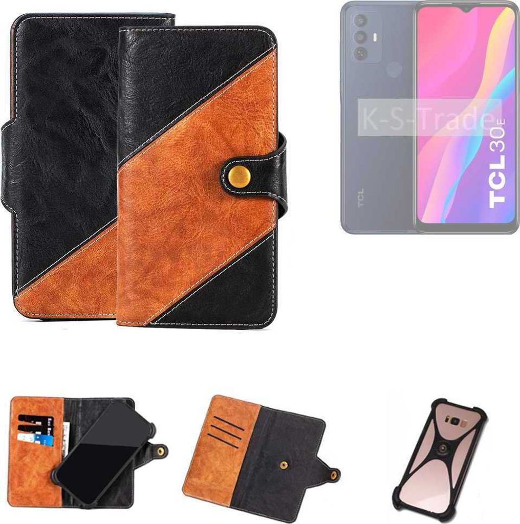 K-S-Trade Handyhülle Schutzhülle Bookstyle Case Wallet-Case kompatibel mit TCL 30 E Handy Cover Bumper Klapphülle schwarz hellbraun 1x