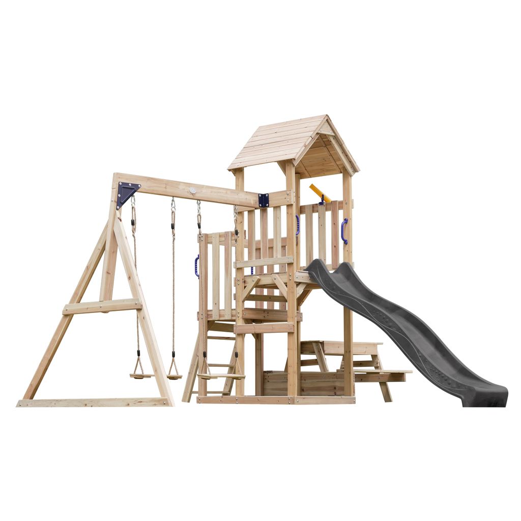 AXI Mette Spielturm aus Holz mit 2 Schaukeln | XXL Spielhaus / Spielplatz für Kinder mit Picknicktisch, Sandkasten & Rutsche, Grau | Schaukelgerü...