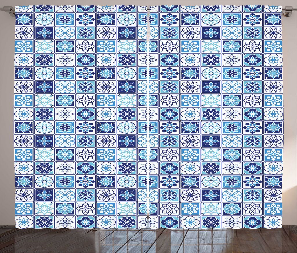 ABAKUHAUS Azulejo Rustikaler Vorhang, Blumenmotiv Squares, Wohnzimmer Universalband Gardinen mit Schlaufen und Haken, 280 x 245 cm, Dark Sky Blue H...