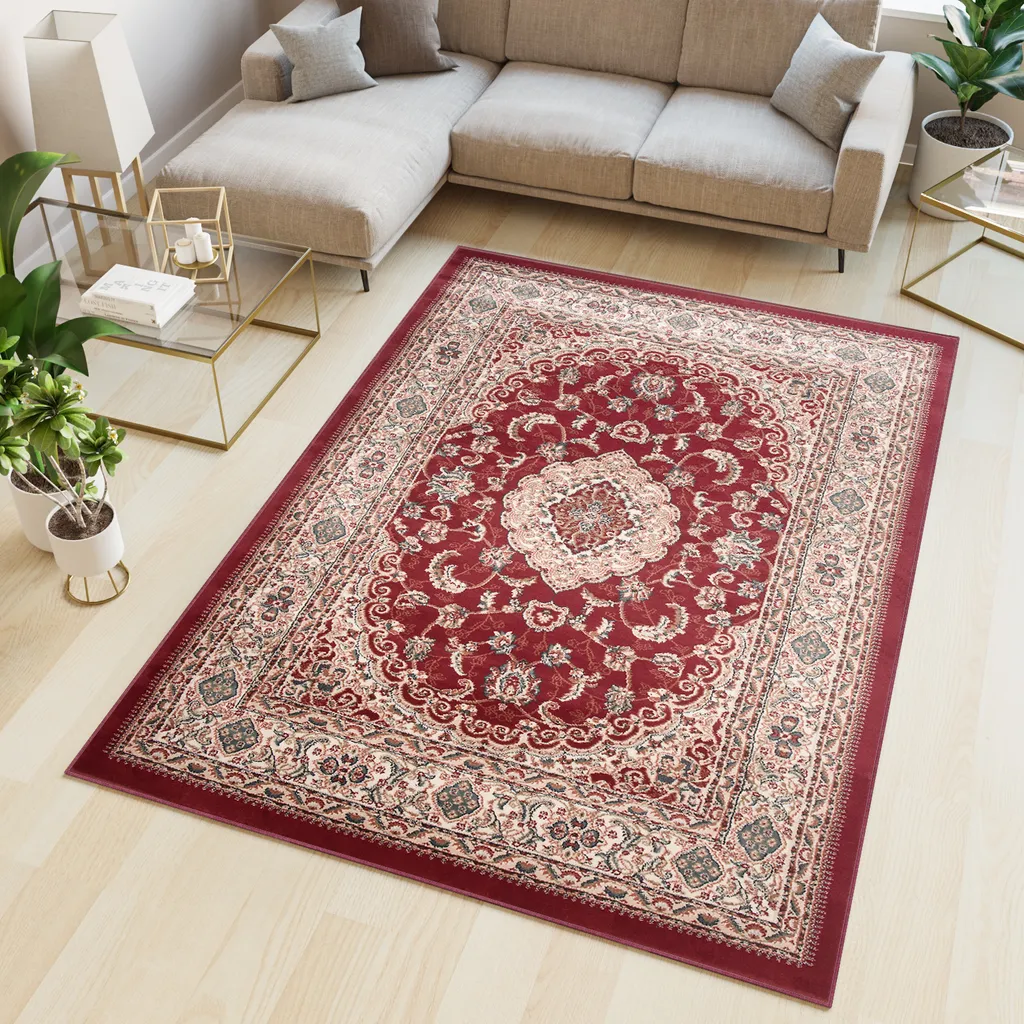 Tapis de chambre classique rouge et crème 80x150 cm - Style chiné doux