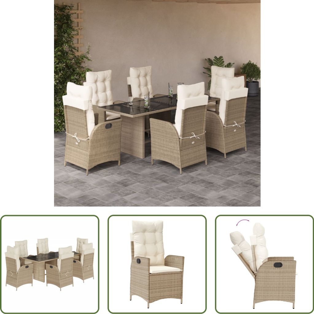 The Living Store 7-tlg. Garten-Essgruppe mit Kissen Beige Poly Rattan