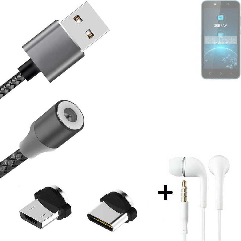 K-S-Trade Hochwertiges Magnet-Lade-kabel Sync-Kabel Daten-Kabel + Kopfhörer für Lava Z21 mit USB-Typ-C-Anschluss und Micro-USB-Anschluss 2A bis zu