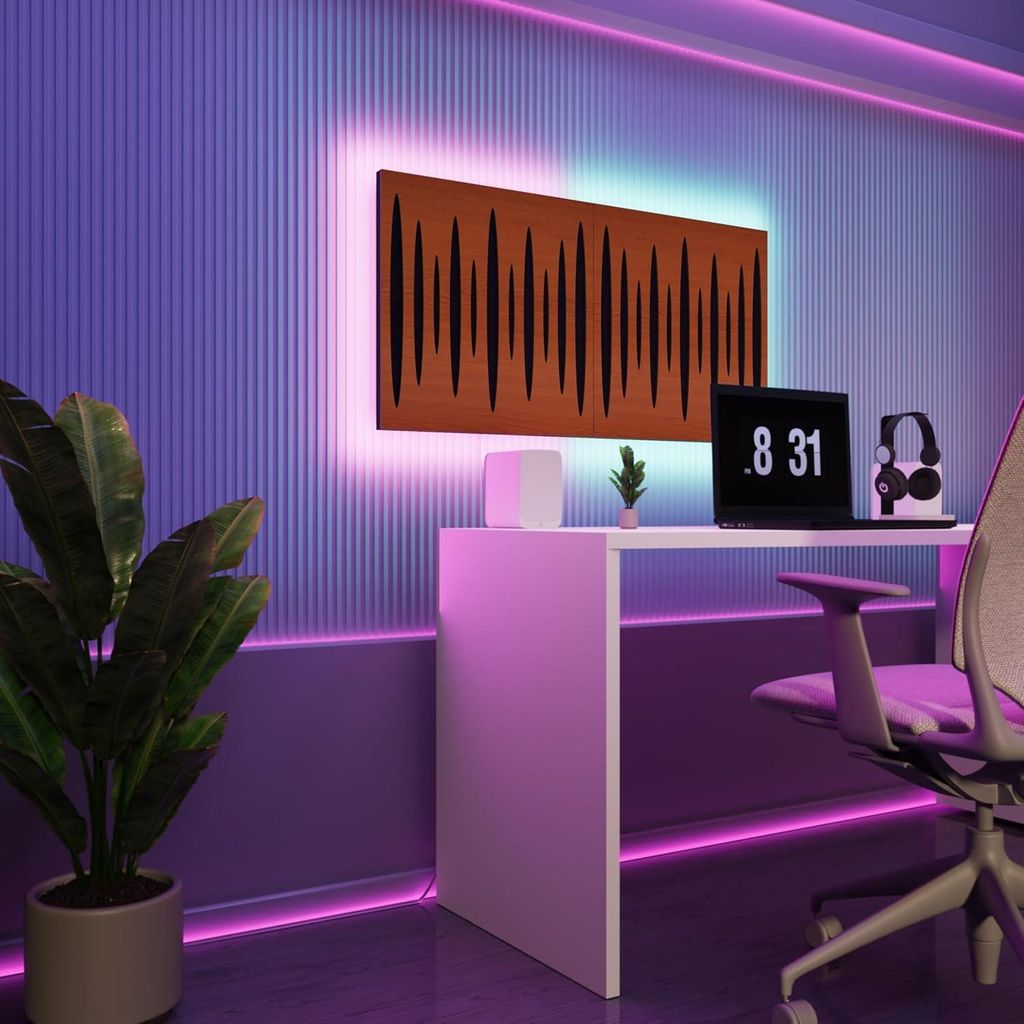 2er-Pack-LED Akustikwandpaneele mit RGB Glow für Echo Control | Schallabsorbierende Paneele mit Backlight |2x PULSAR - Grouped|Kirschbaum