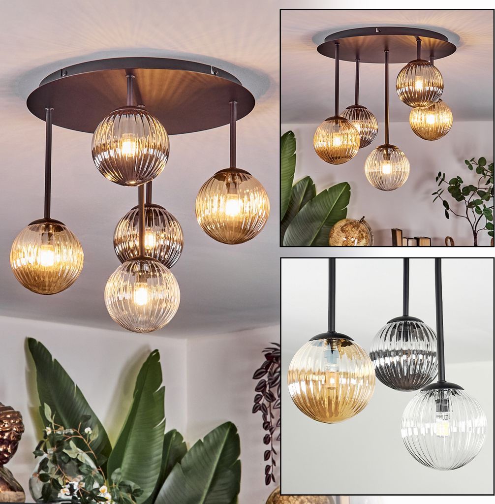 Isorella Deckenlampe aus Metall/Glas in Schwarz/Rauch-/Bernsteinfarben/Klar