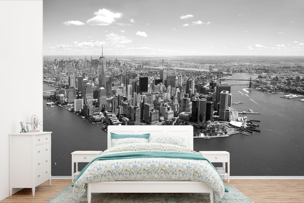 MuchoWow Fototapete für Wohnzimmer oder Schlafzimmer Wandtapete Vinyl Motivtapete New York - Schwarz - Weiß - 360x240 cm - Vinyl-Tapete