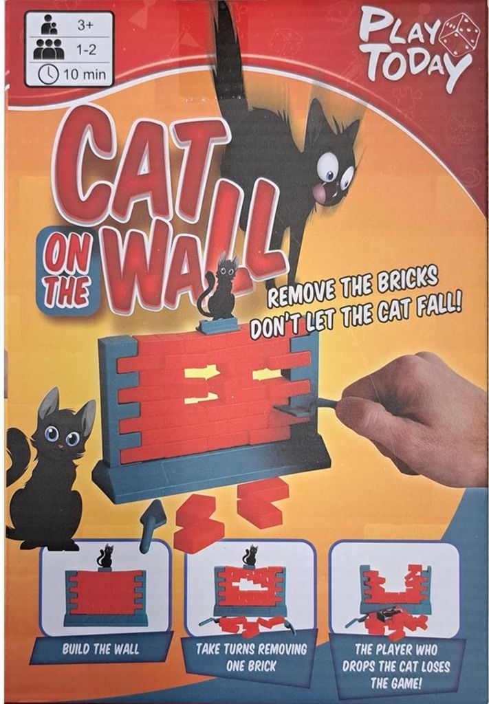 Mauer-Wackelspiel mit Katze, Balancierspiel, 15x14 cm, für 2 Spieler ab 3 Jahren