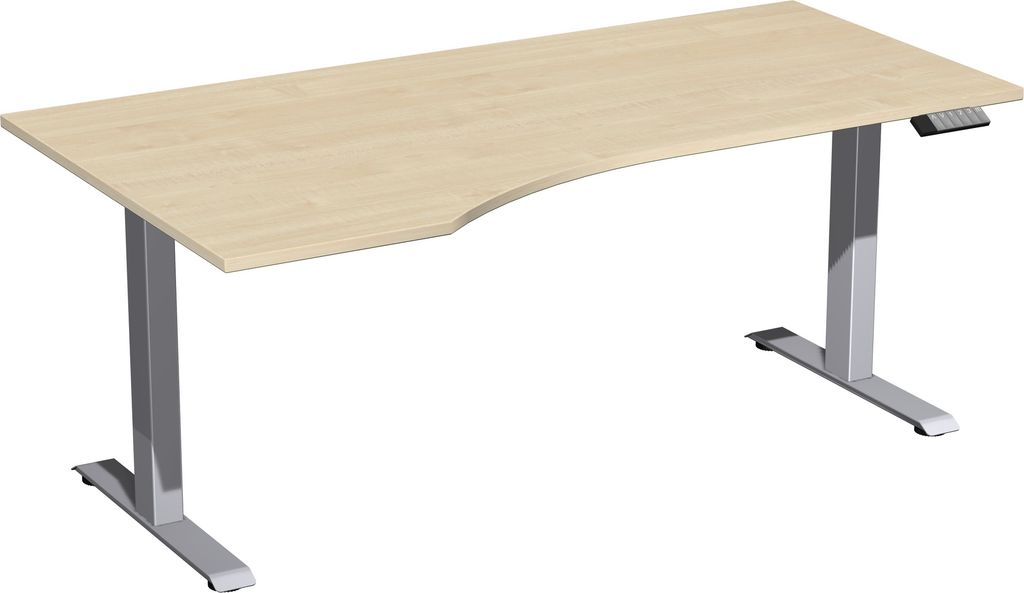 PC-Schreibtisch, elektr. höhenverstellbar, BxTxH 1800x800/1000x630-1280 mm, links 425 mm, Melamin-Platte 25 mm, ahorn/silber
